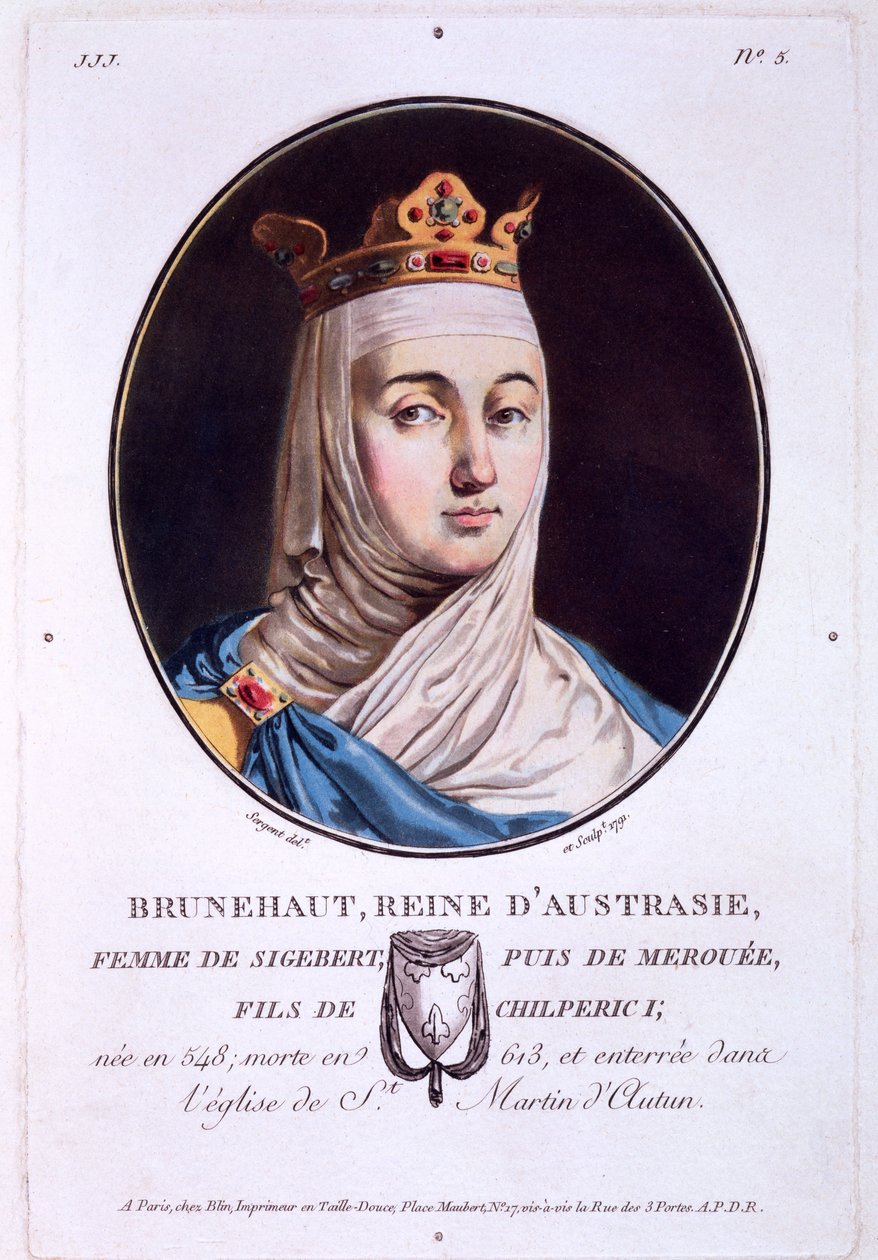 Brunilde, Regina di Austrasia, da Portraits des grands hommes, femmes illustres, et sujets memorables de France, pubblicato 1787-92 da French School