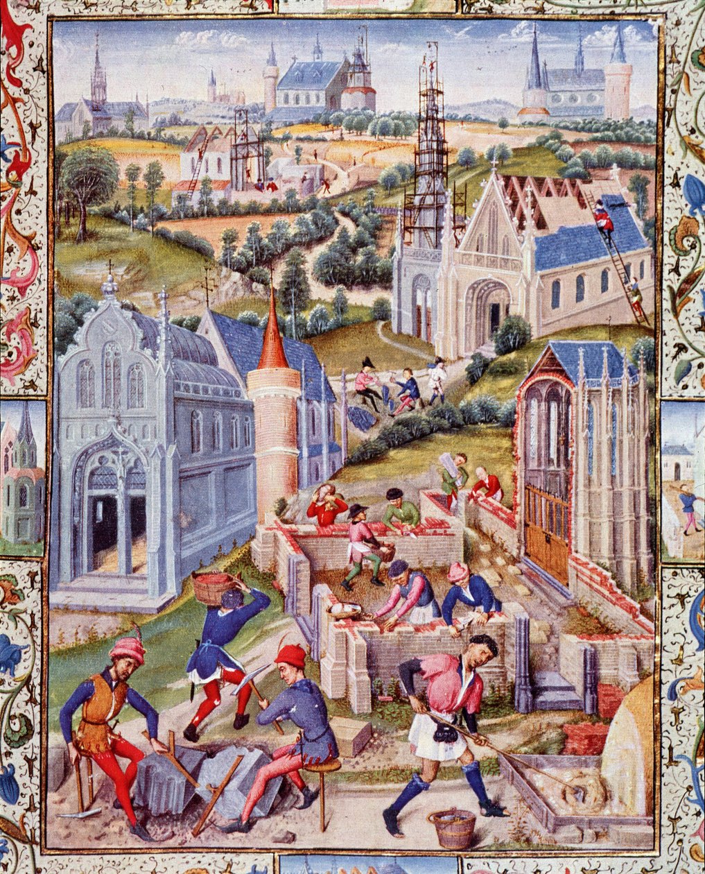 Cantieri a Saint Denis (Città) per la costruzione di 12 chiese in onore dei 12 apostoli. Miniatura tratta da 