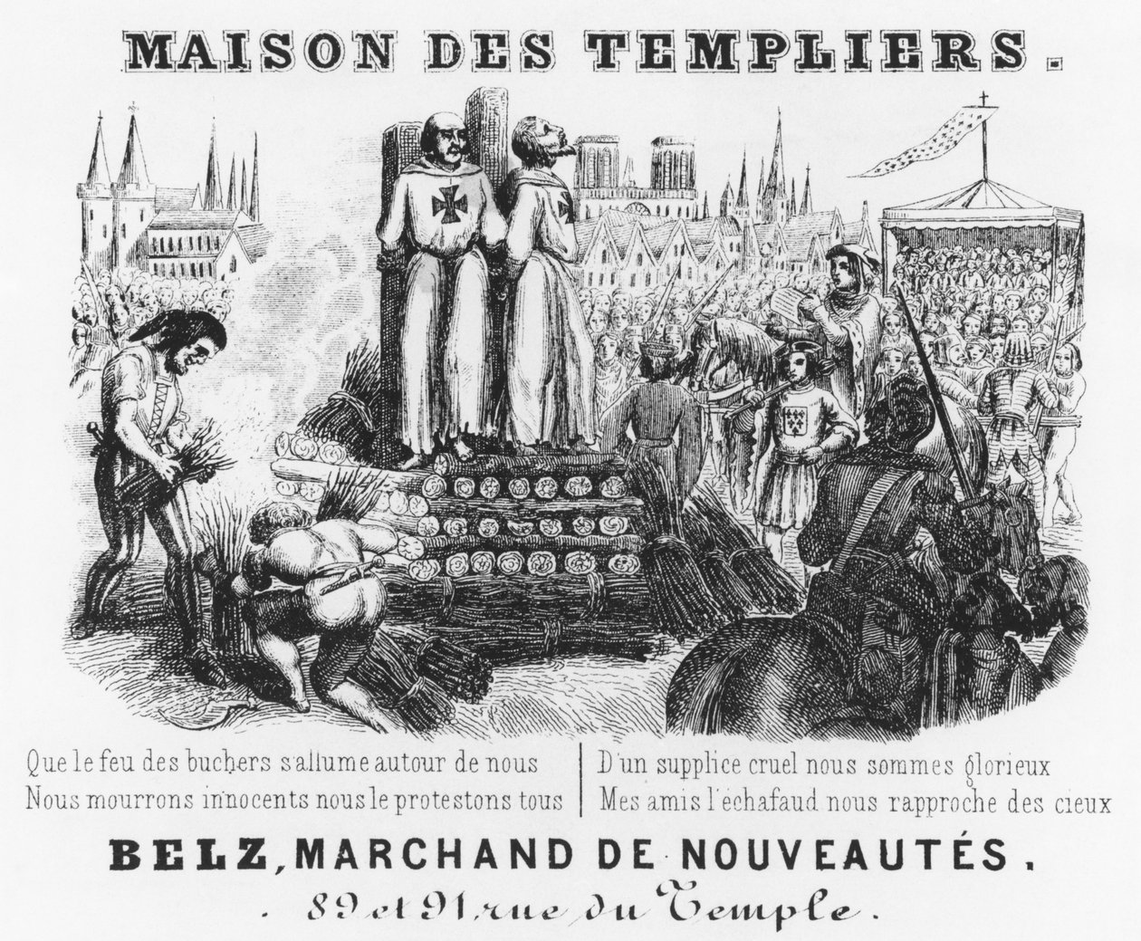 Rogo dei Templari, intestazione di una bottega di drappi, Maison des Templiers, Belz, rue du Temple, Parigi, c.1840 da French School