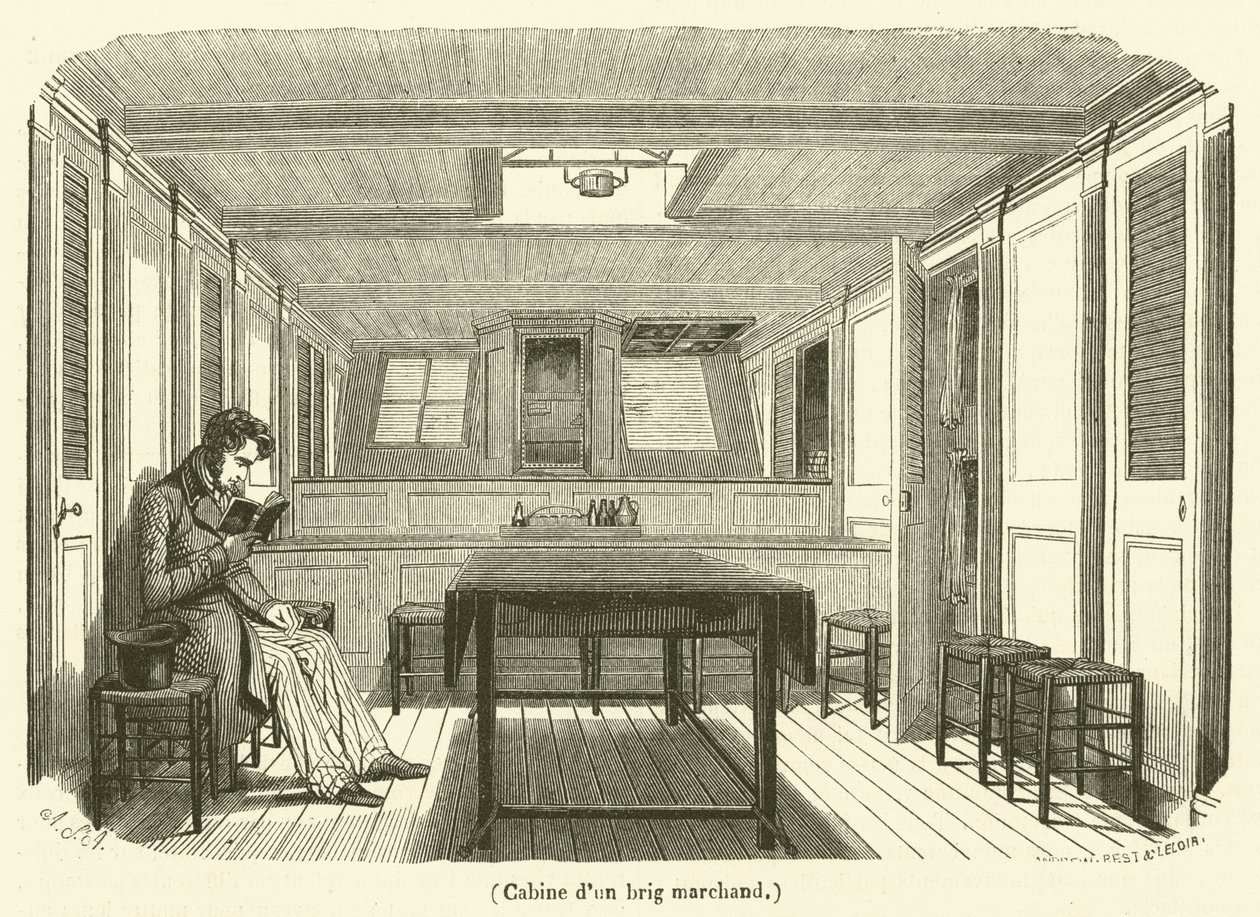 Cabina di un brigantino mercantile (incisione) da French School