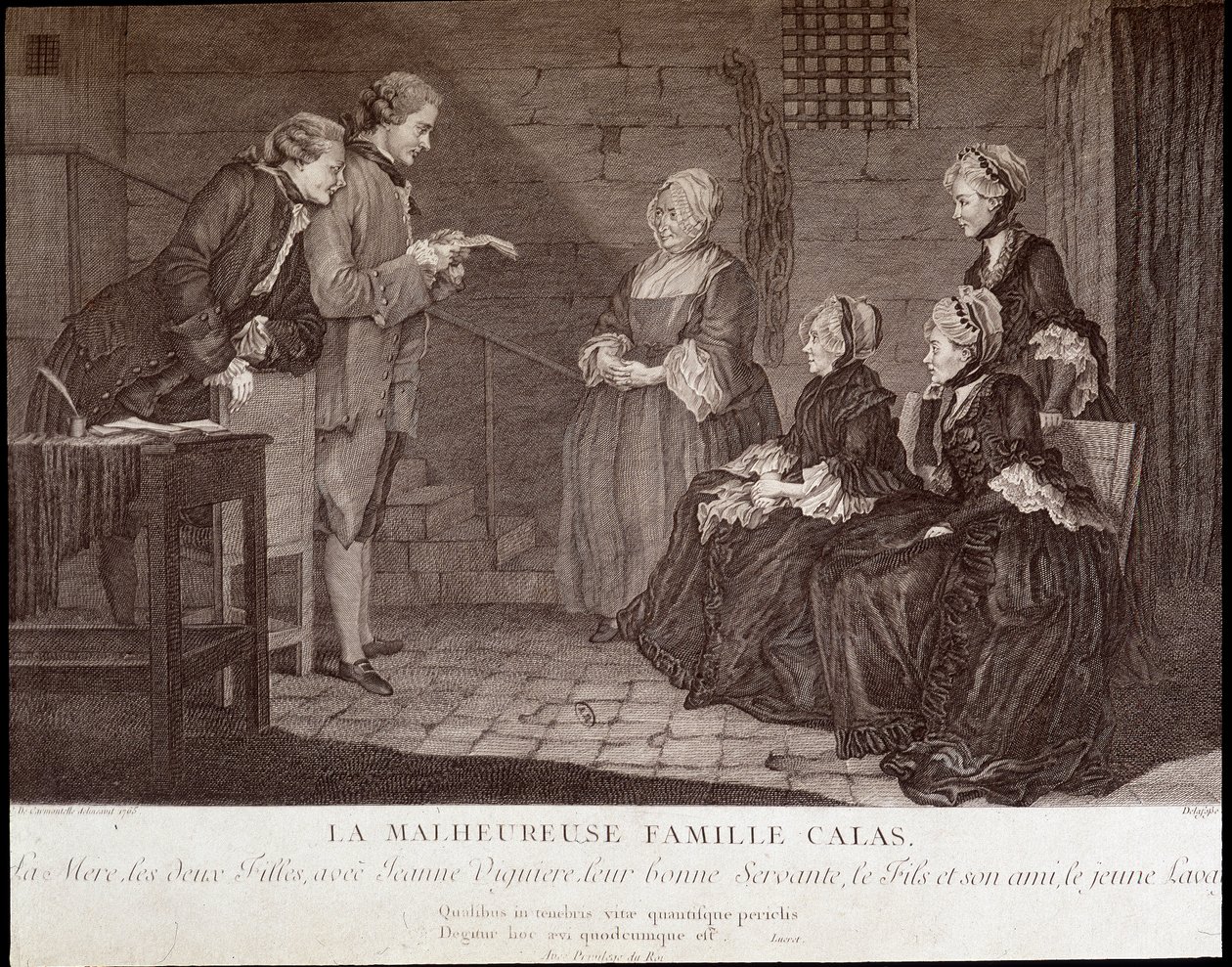 Affare Calas: La sfortunata famiglia di Jean Calas (morto nel 1762): la madre, le due figlie, con Jeanne Viguiere, la loro buona serva, il figlio e il suo amico, c.1762. da French School
