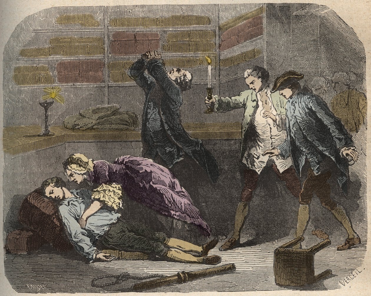 Caso Calas: il 13 ottobre 1761, Marc Antoine Calas trovato morto nella boutique di famiglia a Tolosa - Incisione in "Cause celebri di tutti i popoli" di Armand Fouquier (1817-18?) 1858-1867 - collezione privata da French School