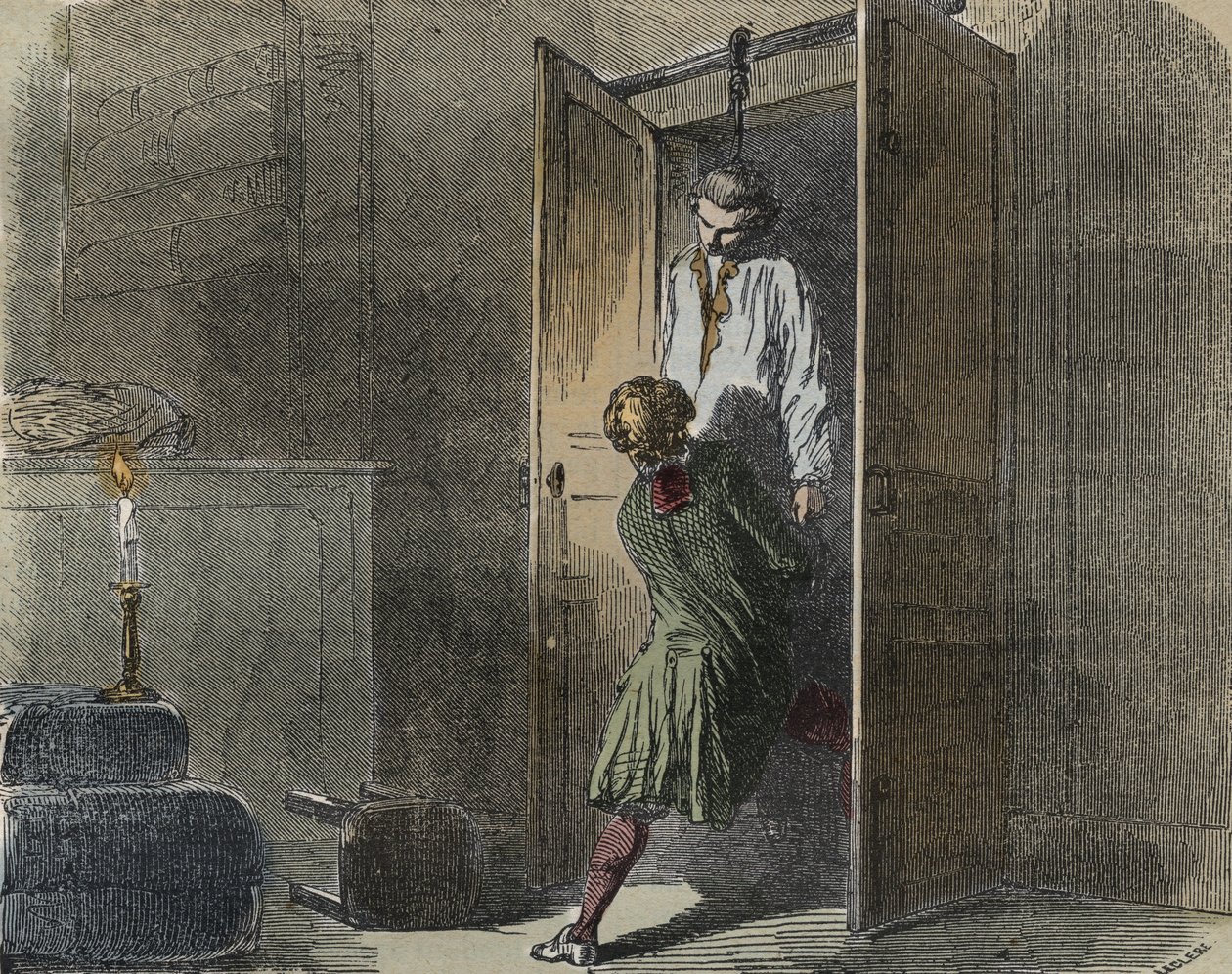 Caso Calas: il 13 ottobre 1761, Marc Antoine Calas è trovato impiccato nella boutique di famiglia a Tolosa - Incisione in "Cause celebri di tutti i popoli" di Armand Fouquier (1817-18?) 1858-1867 - collezione privata da French School