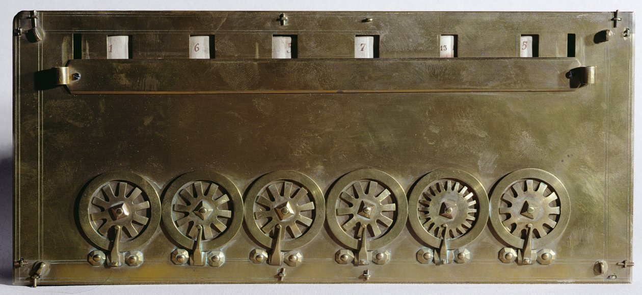 Macchina calcolatrice inventata da Blaise Pascal (1623-63) nel 1642 (legno e metallo) da French School