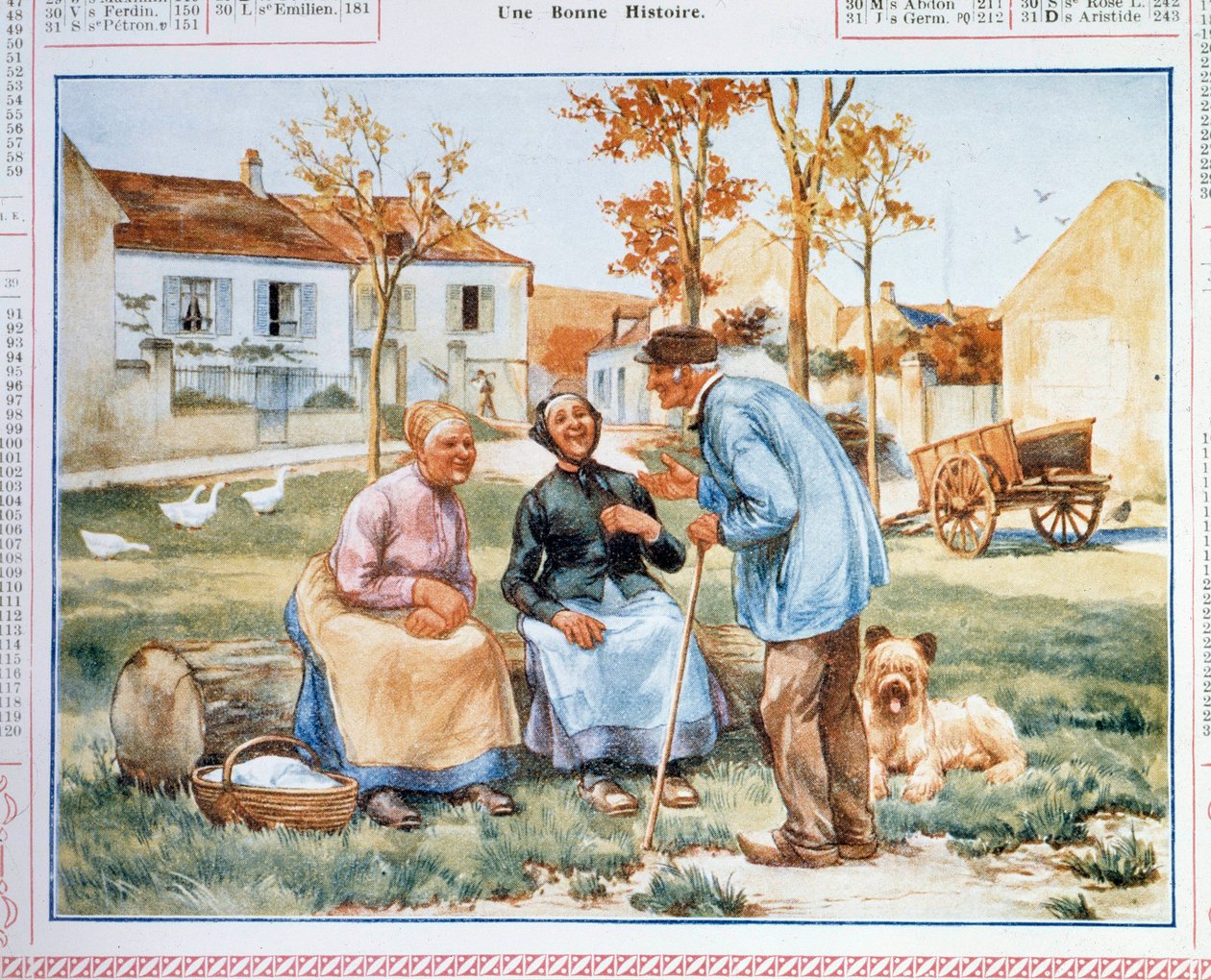 Calendario delle Poste e Telecomunicazioni (PTT) che rappresenta tre contadini che discutono. XX secolo da French School