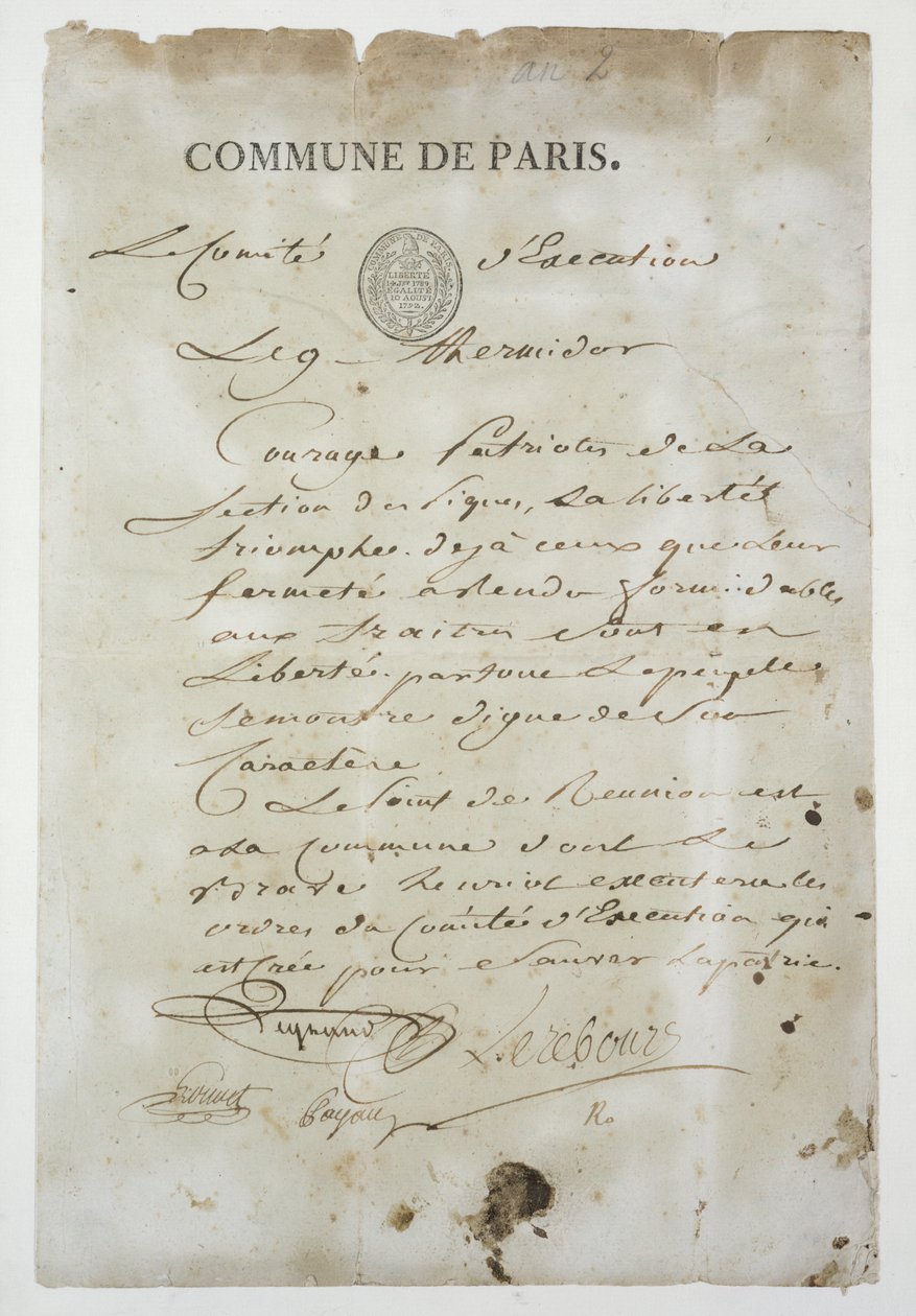 Appello di Maximilien de Robespierre a unirsi alla Comune, 9 Termidoro An 2 (27 luglio 1794) da French School