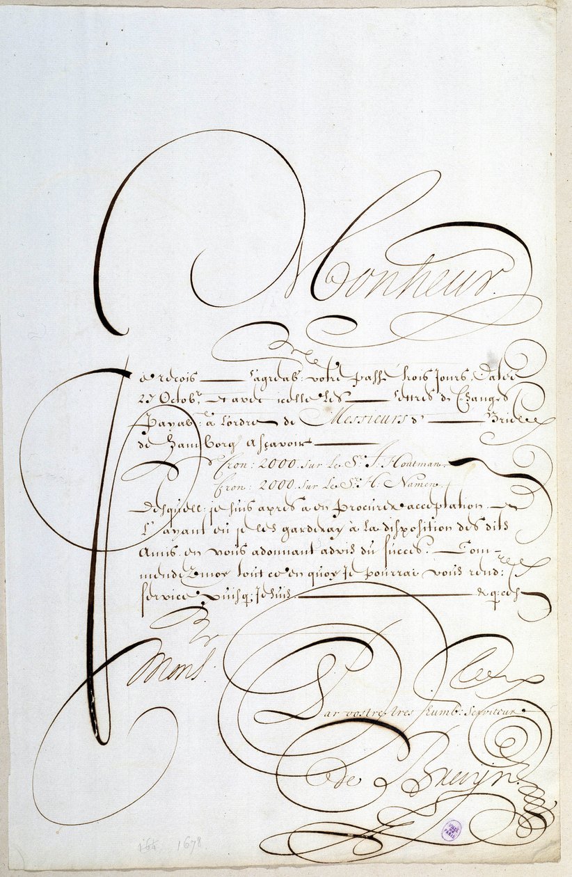 Calligrafia: Lettera di conti calligrafata intorno al 1678 da François de Bruyn da French School