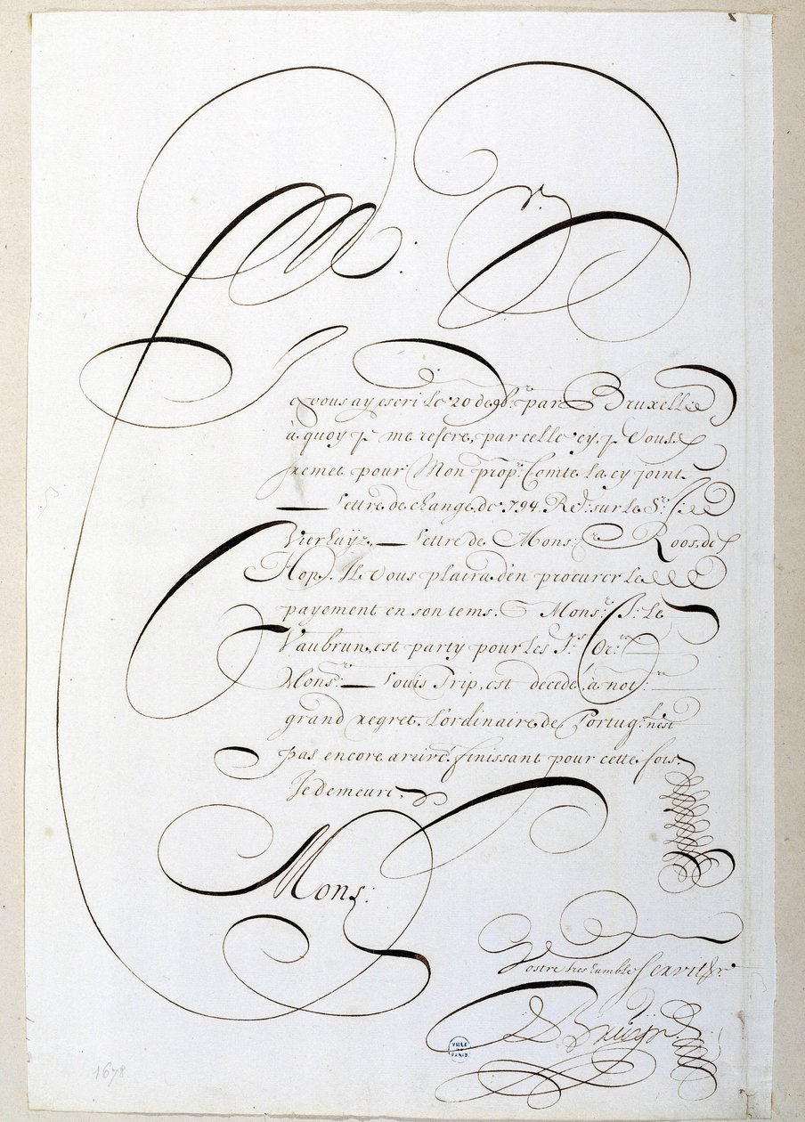 Calligrafia: Lettera di conti calligrafata intorno al 1678 da François de Bruyn. Biblioteca Storica della Città di Parigi da French School