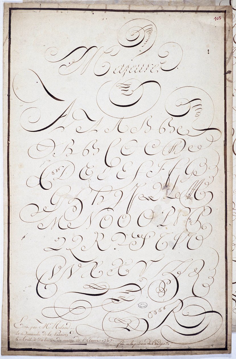 Calligrafia: Tavola di lettere maiuscole chiamate major batardes, calligrafate il 5 aprile da French School