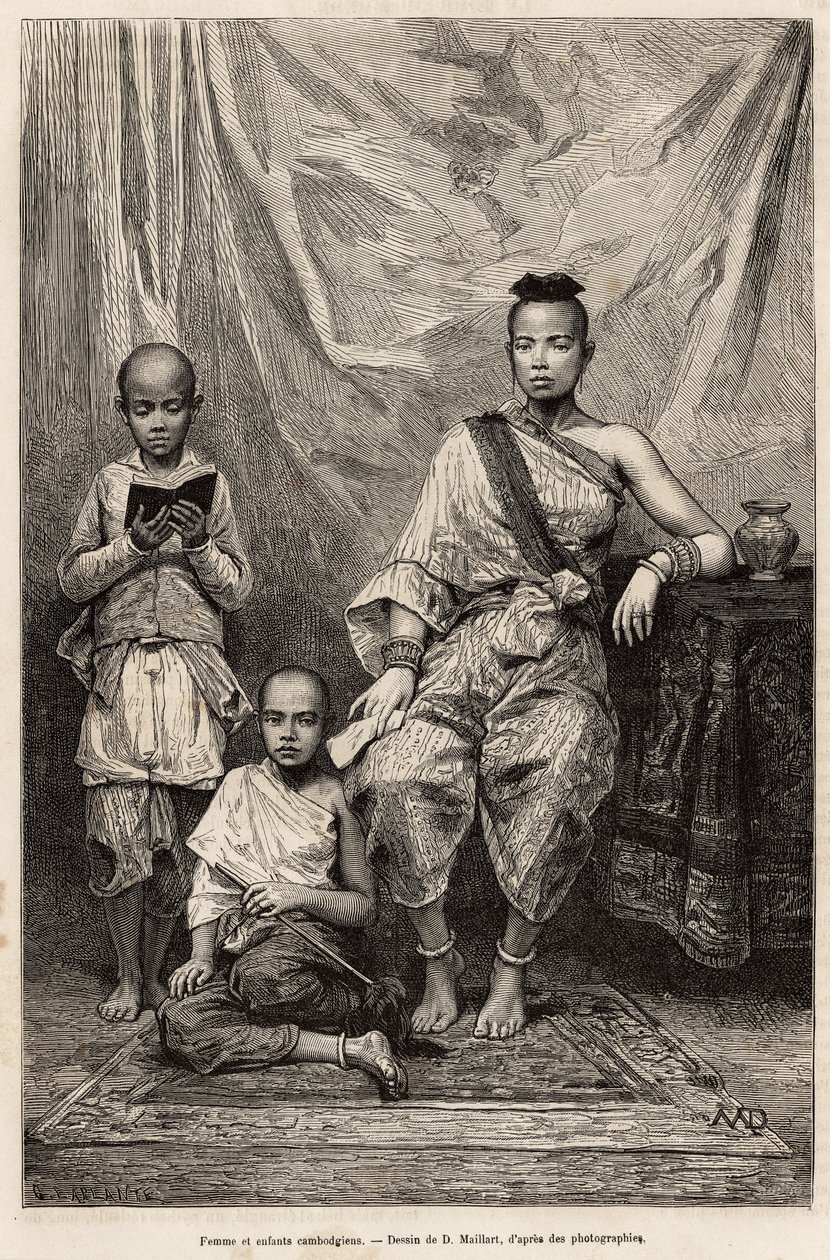 Donna cambogiana e bambini, incisione dopo un disegno di D.Maillart, illustrante il viaggio in Cocincina, del dottor Morice, nel 1872, pubblicato in 