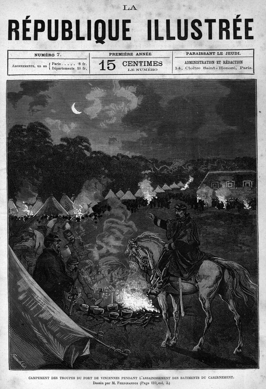Campo delle truppe del Forte di Vincennes durante la pulizia degli edifici di quartiere. Un giornale. Incisione del 1880 in "La republique illustree" collezione privata. da French School