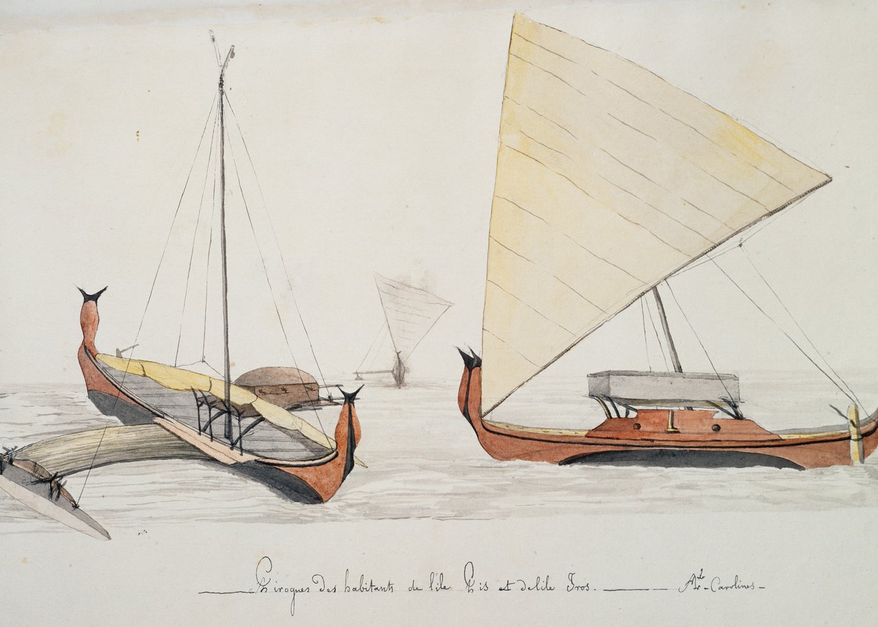 Canoe degli abitanti delle isole Pis e Iros (Isole Caroline), acquerello di Jules-Louis Lejeune, dal 
