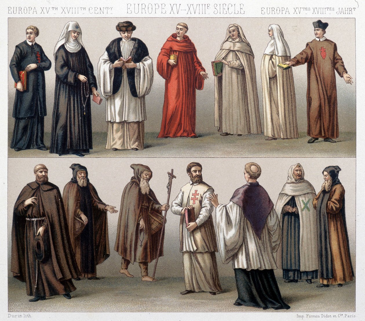 Canonici del Santo Sepolcro in Polonia. In alto: costumi del XVII e XVIII secolo. In basso: costumi del periodo antico da French School