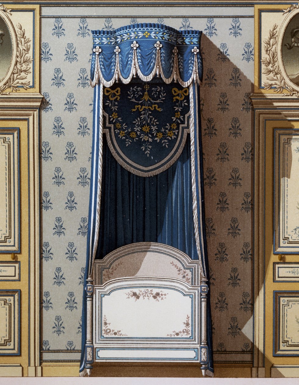 Letto a baldacchino, progetto decorativo per le pareti della camera da letto da French School