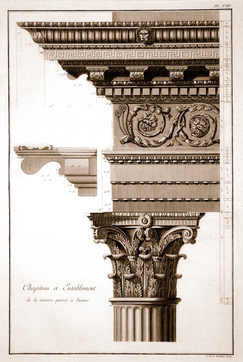 Capitello e trabeazione, Maison Carrée, Nîmes, Francia da French School