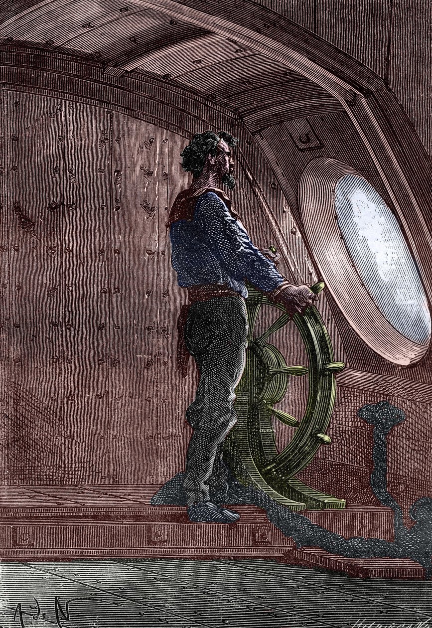 Il Capitano Nemo al timone del Nautilus, da "Twenty Thousand Lieues Sous Les Mers" di Jules Verne da French School