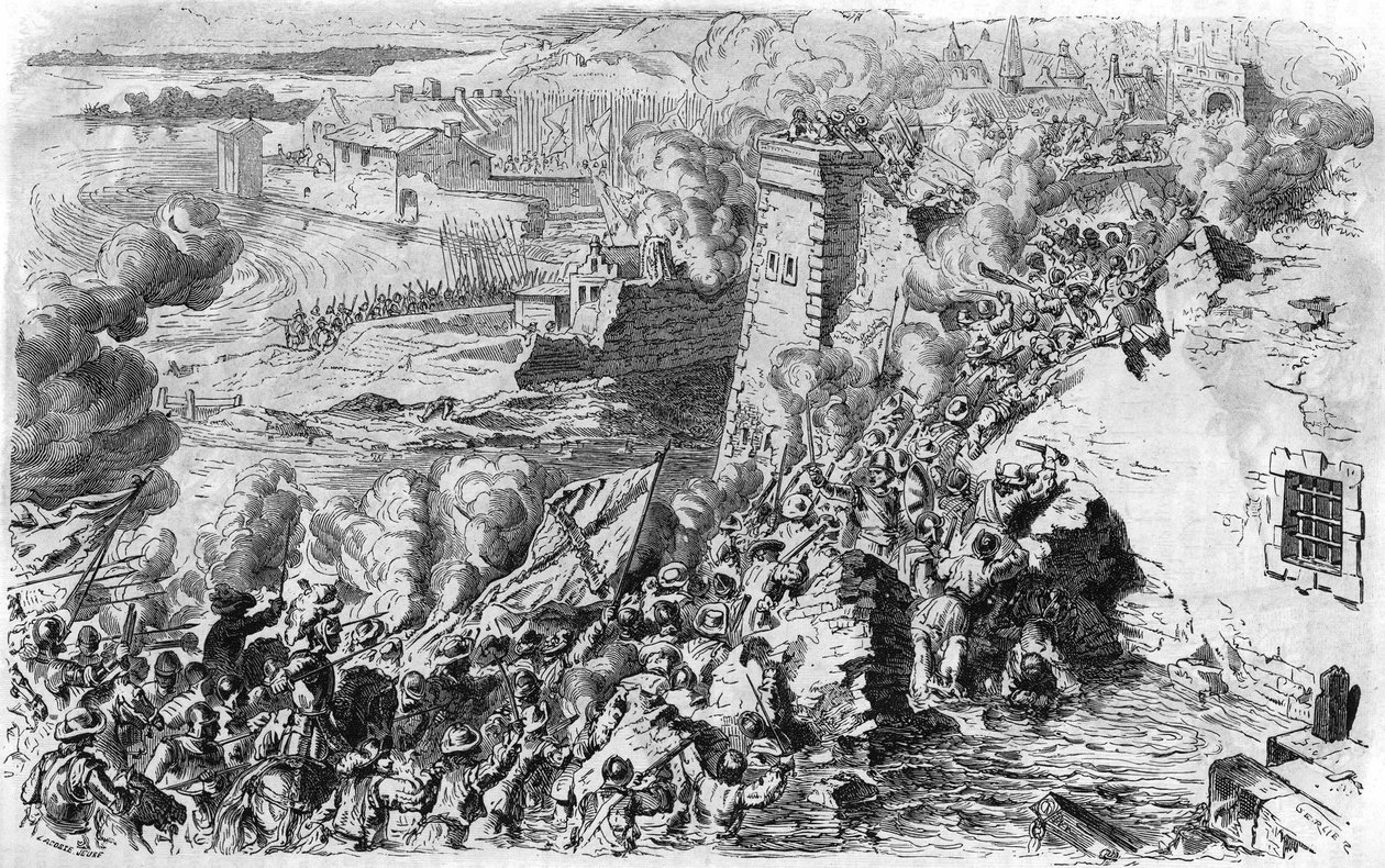 Cattura di Lagny da parte di Farnese nel 1590, dopo una vecchia incisione. In "Histoire Populaire de la France", sd. circa 1885. Incisione. da French School