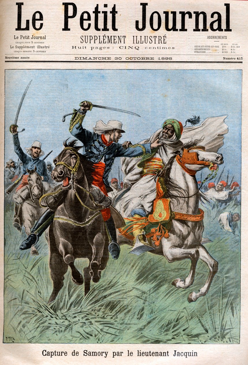 Cattura di Samory Toure (circa 1830-1900), leader sudanese e oppositore della colonizzazione francese in Africa, da parte del Capitano Gouraud e del Tenente Jacquin. Sudan da French School