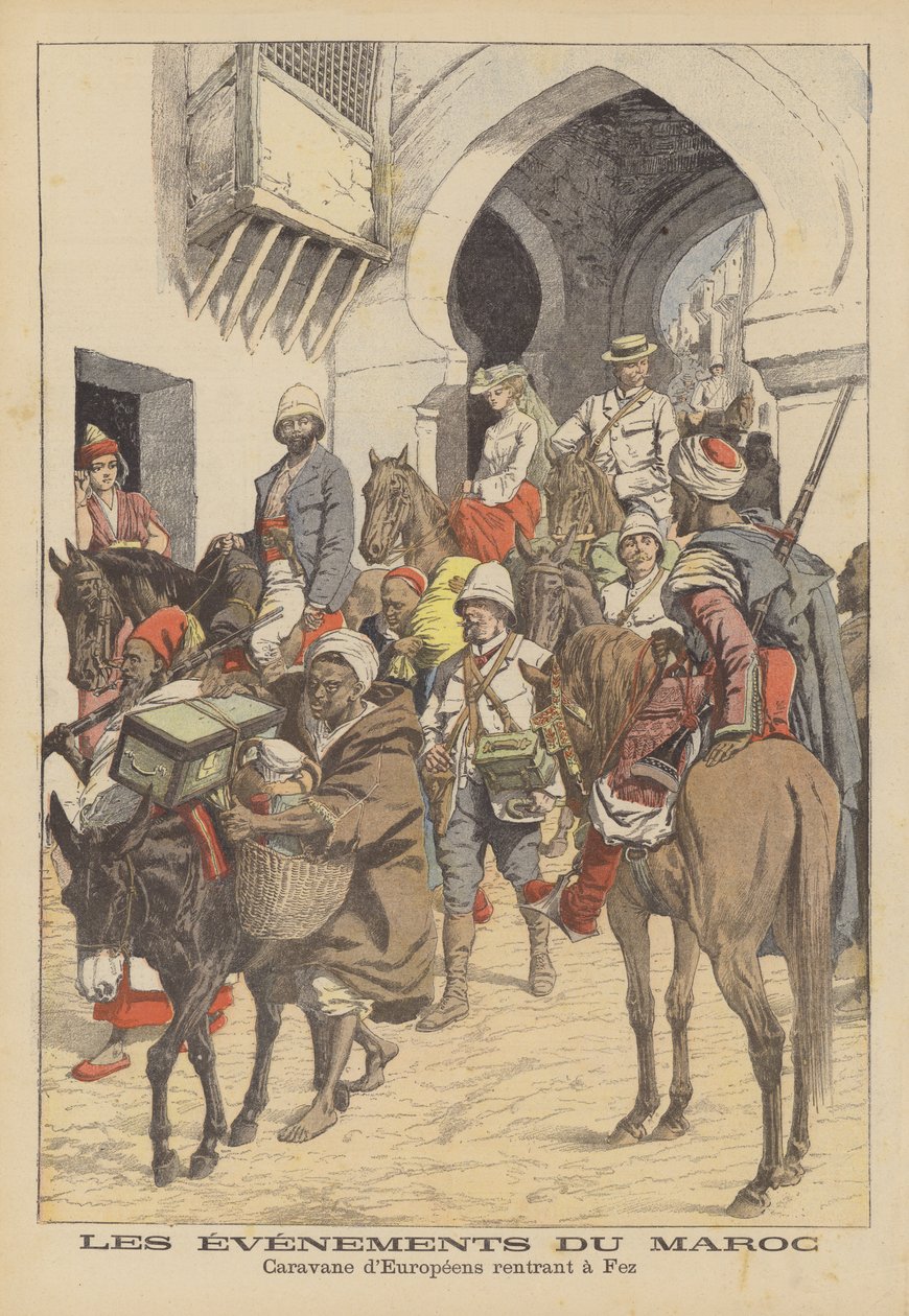 Carovana di europei di ritorno a Fez, Marocco (litografia a colori) da French School