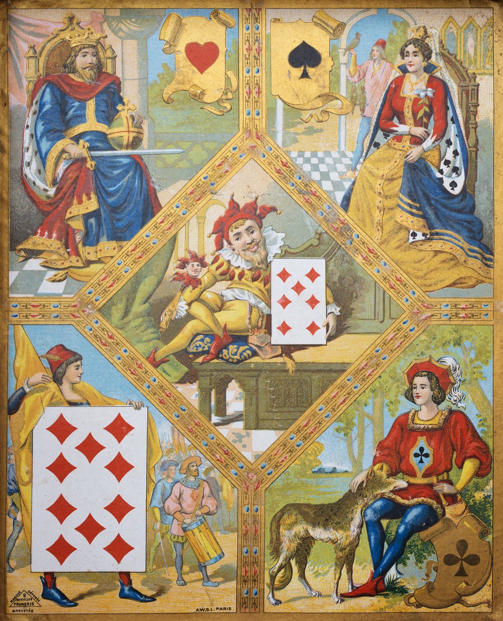 Gioco di carte, piatto con Re di cuori, Regina di picche, Dieci di quadri e Fante di fiori, nano Lindoro con Sette di quadri al centro, Francia da French School