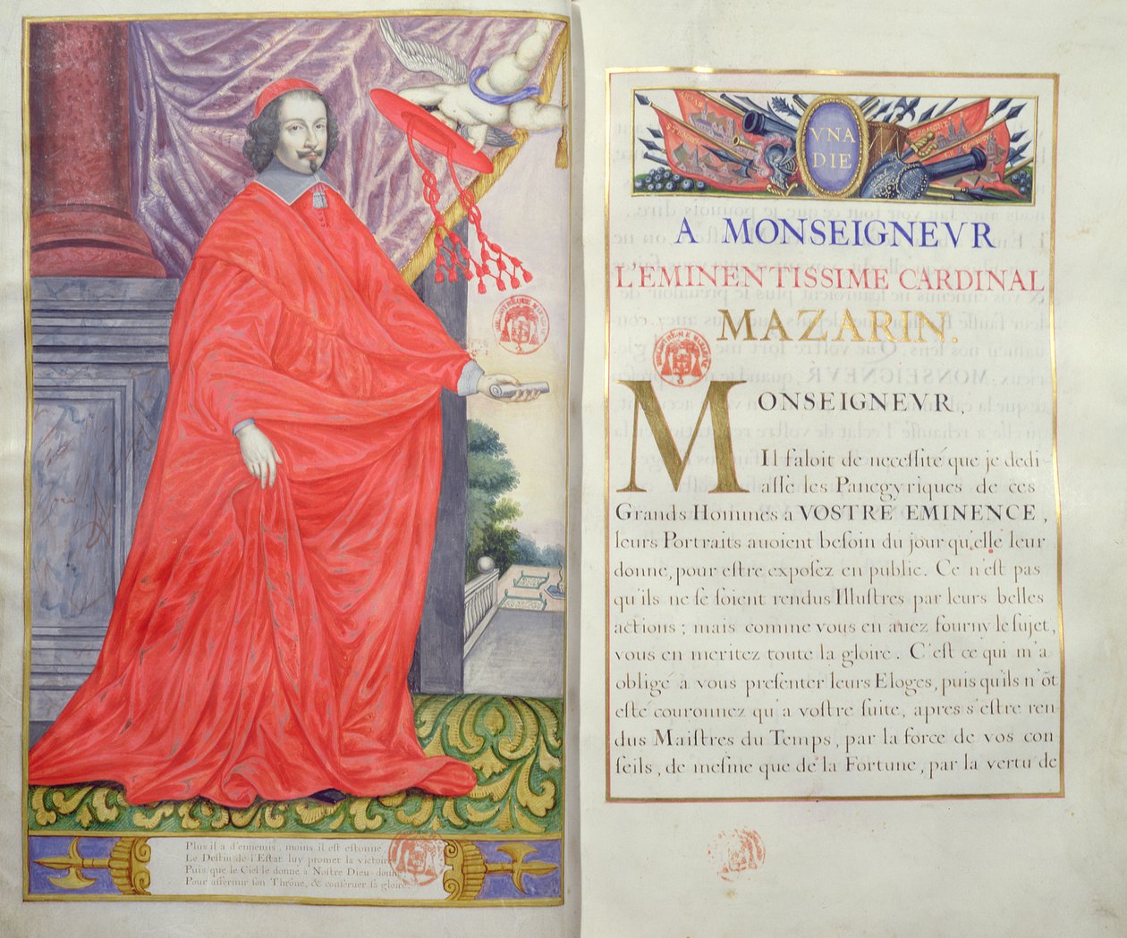 Cardinale Mazarin, illustrazione e dedica da Les Panegyriques des Hommes Illustres de Notre Siecle di Puget de la Serre, 1655 da French School