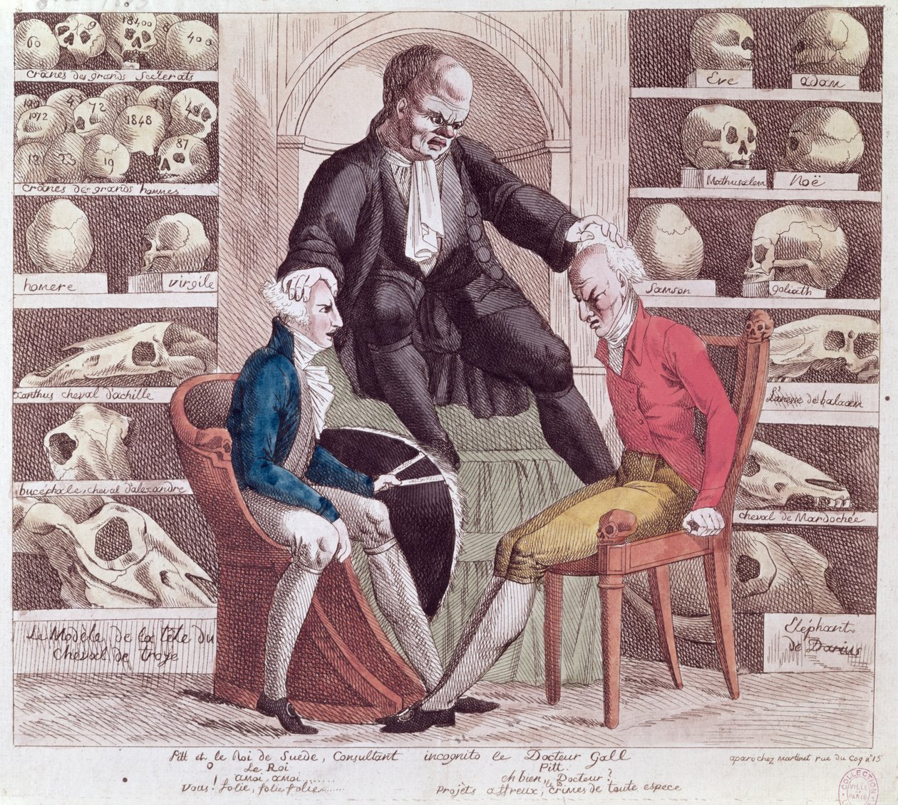 Caricatura di William Pitt il Giovane e Gustavo IV Adolfo in visita a Franz Joseph Gall da French School