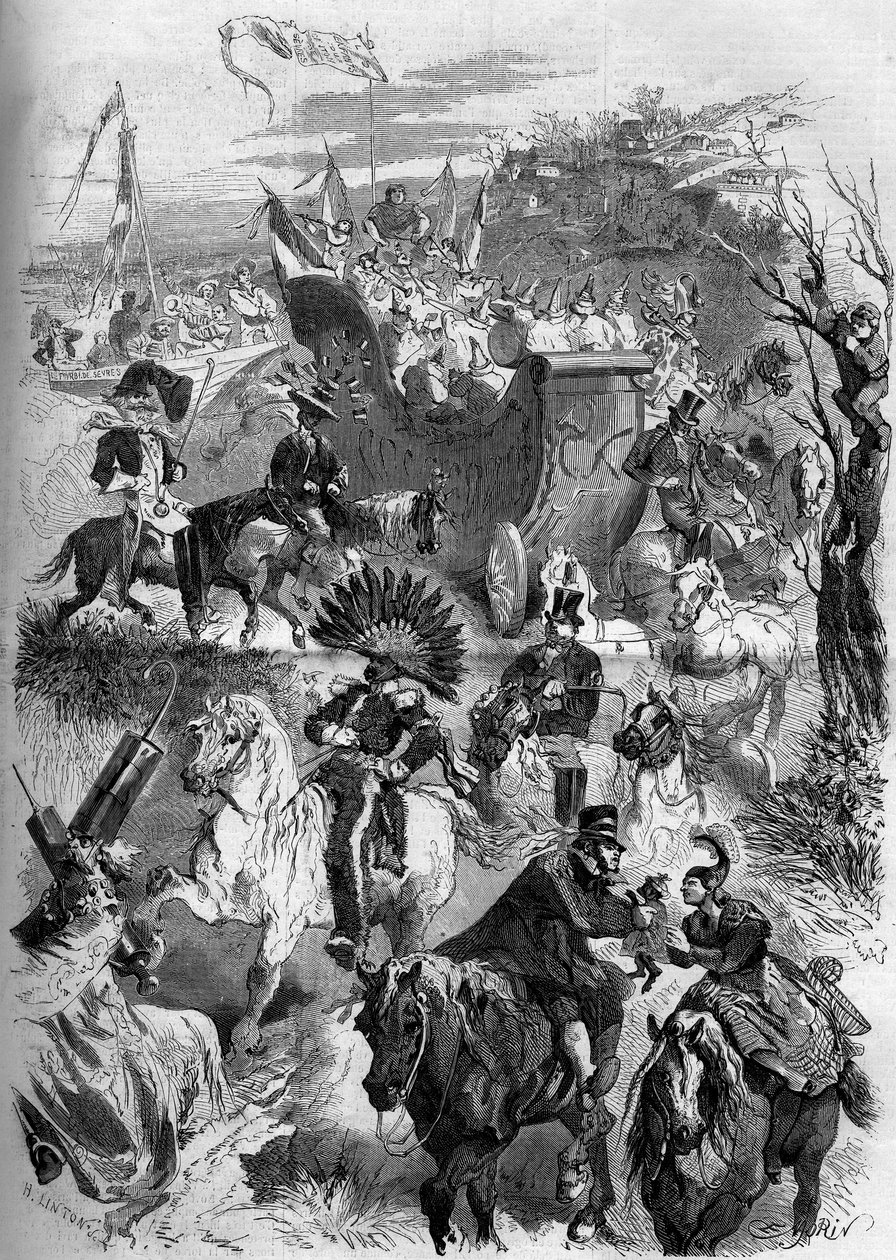 Carnevale di Mardi Gras, Francia, 8 marzo 1859: discesa a Parigi della mascherata di Sèvres. Incisione in "Le Monde Illustré" n.100 del 19 marzo 1859. da French School