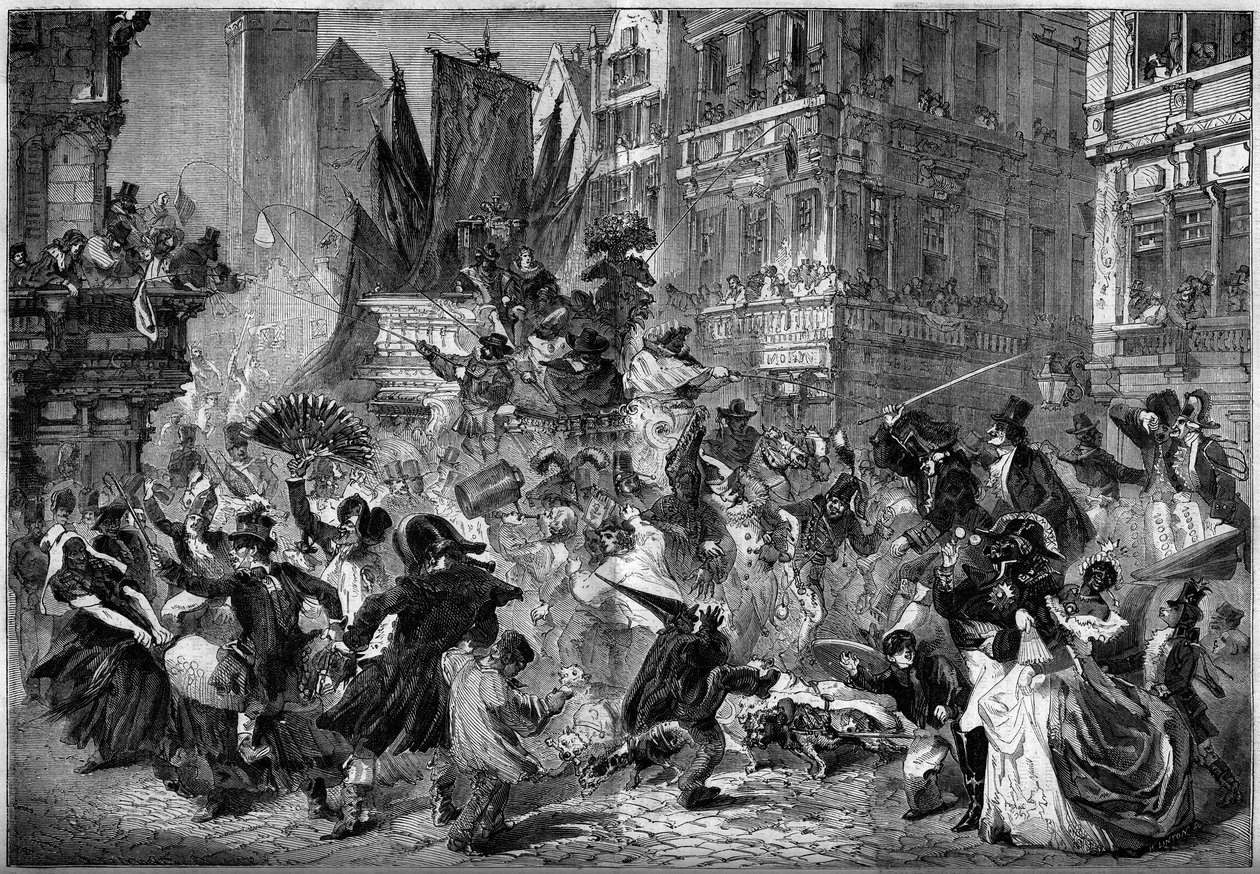 Scena di carnevale nelle strade di Anversa (Belgio) nel 1860. Incisione in 