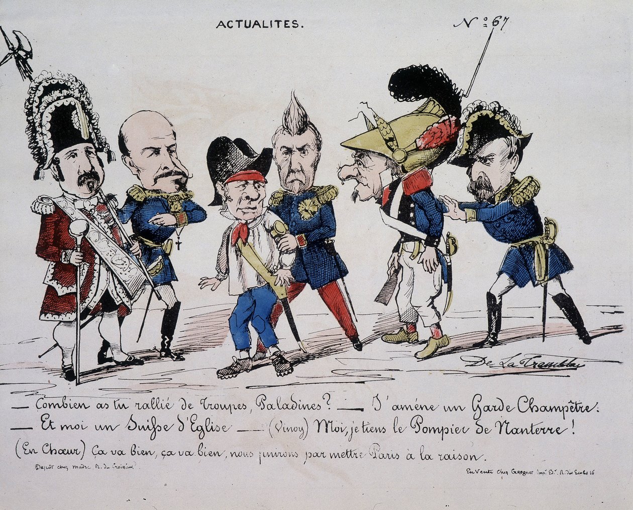 Caricatura sulla Comune "Notizie - Quante truppe hai radunato, Paladine? - Sto portando una guardia del paese. E io sono una chiesa svizzera. - (Vinoy) Tengo il Pompiere di Nanterre - (Nel cuore) Va bene, va bene, finalmente metteremo Parigi a ragione" da French School