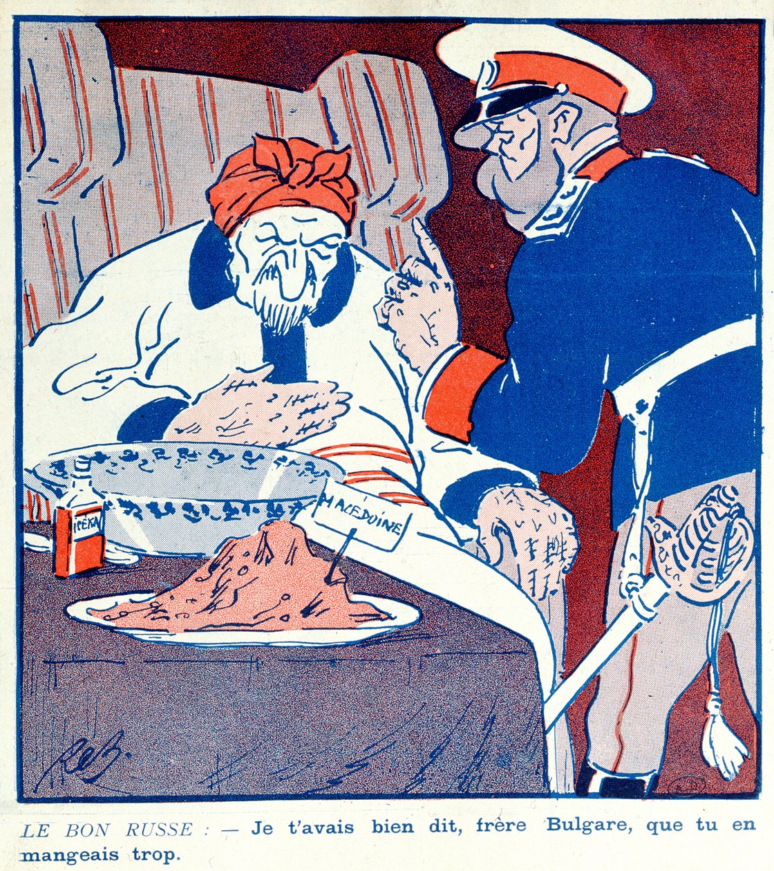 Cartone animato che critica il comportamento avido della Bulgaria sulla spartizione della Macedonia durante le guerre balcaniche 1912-13 da French School