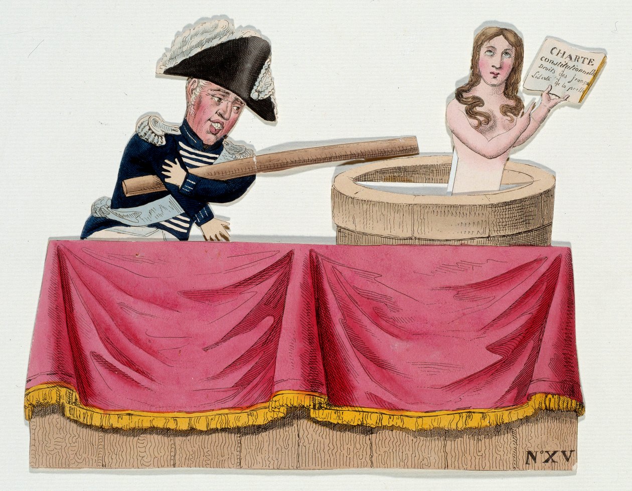 Caricatura di Carlo X in forma di guignol che nega la carta costituzionale quando abolì la libertà di stampa nel luglio 1830. Incisione intorno al 1830. Parigi, Museo Carnavalet da French School