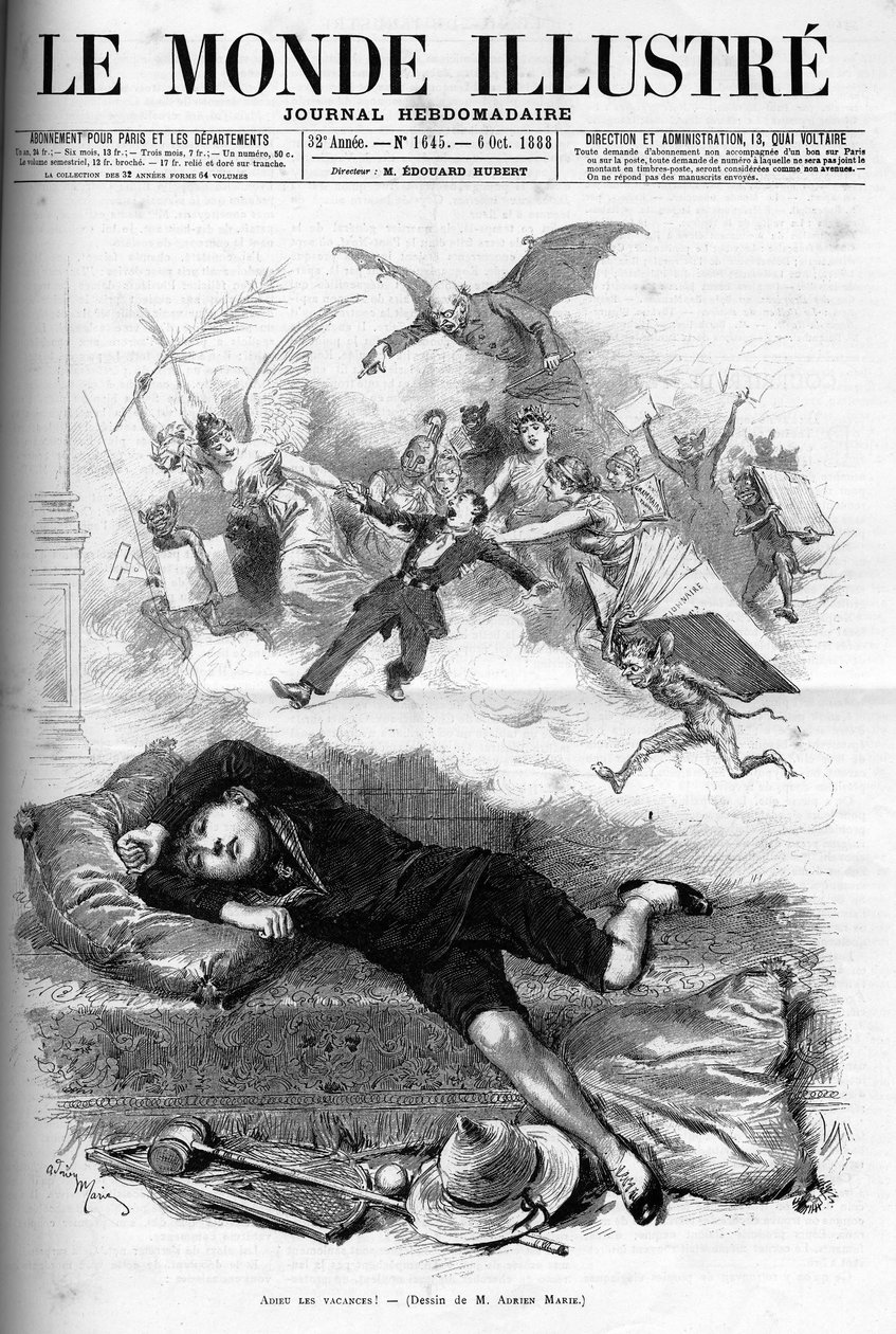 Cartone animato di un giovane scolaro che rimprovera la fine delle vacanze avvicinandosi alla classe in affitto nel 1888. da French School
