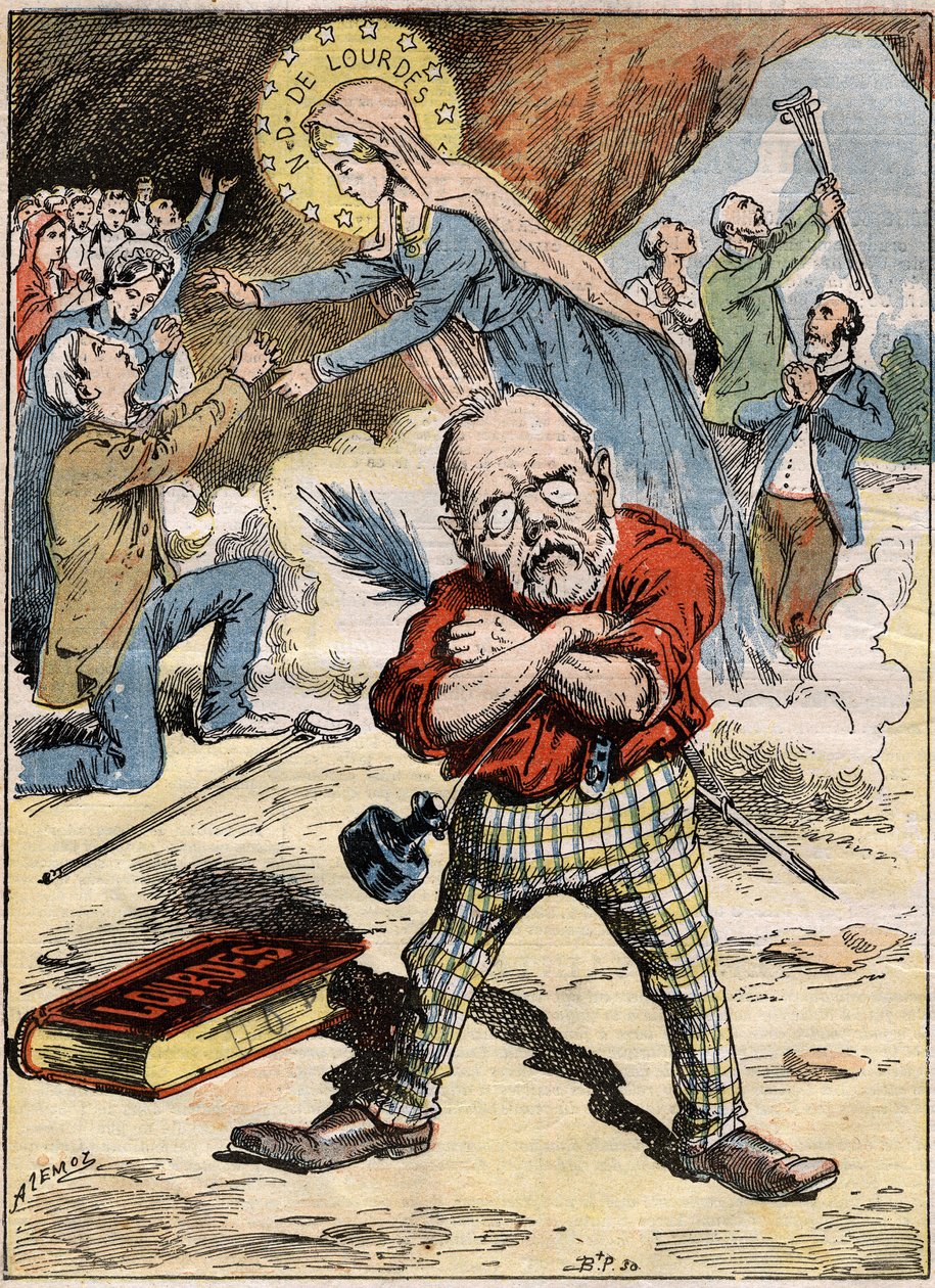 Caricatura dello scrittore Émile Zola (1840-1902) perplesso per la devozione dei fedeli a Lourdes, nonostante la sua critica sull