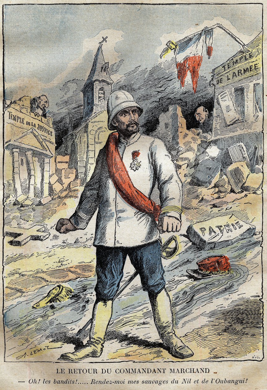Cartone animato sul comandante Jean-Baptiste Marchand, a Tolone, di ritorno da una missione di esplorazione in Africa. Incisione in "Le Pelerin" 4/06/1899 da French School