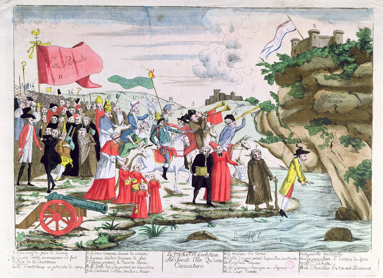 Cartone animato che ridicolizza il clero e gli aristocratici francesi che si rifugiarono in Germania durante la Rivoluzione, c.1792 da French School