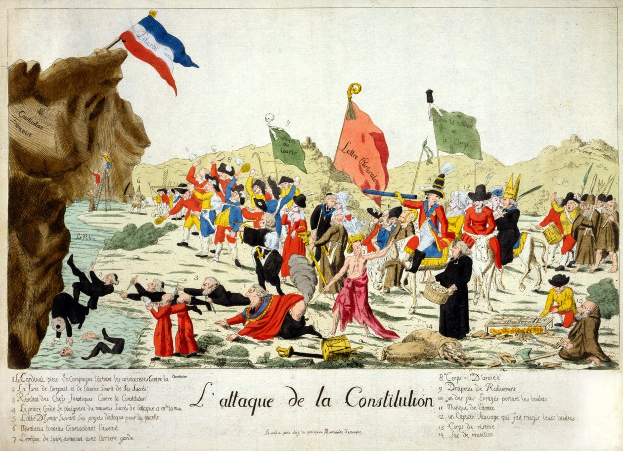 Caricatura che mostra membri di vari gruppi che attaccano una roccia, identificata come "Costituzione francese", su cui riposa la bandiera francese con l