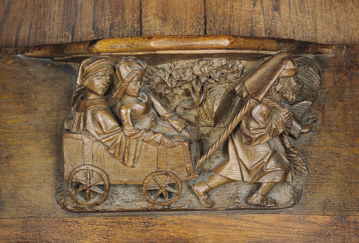 Intaglio raffigurante una coppia in un carro trainato da un uomo, da uno stallo del coro (legno) da French School