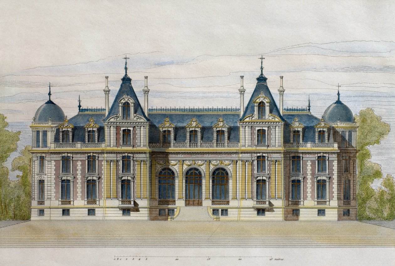 Castello di Neuflize appartenente ai Fratelli Pate, facciata del giardino, illustrazione da Le Moniteur des architectes, 1884, inciso da F. Penel da French School