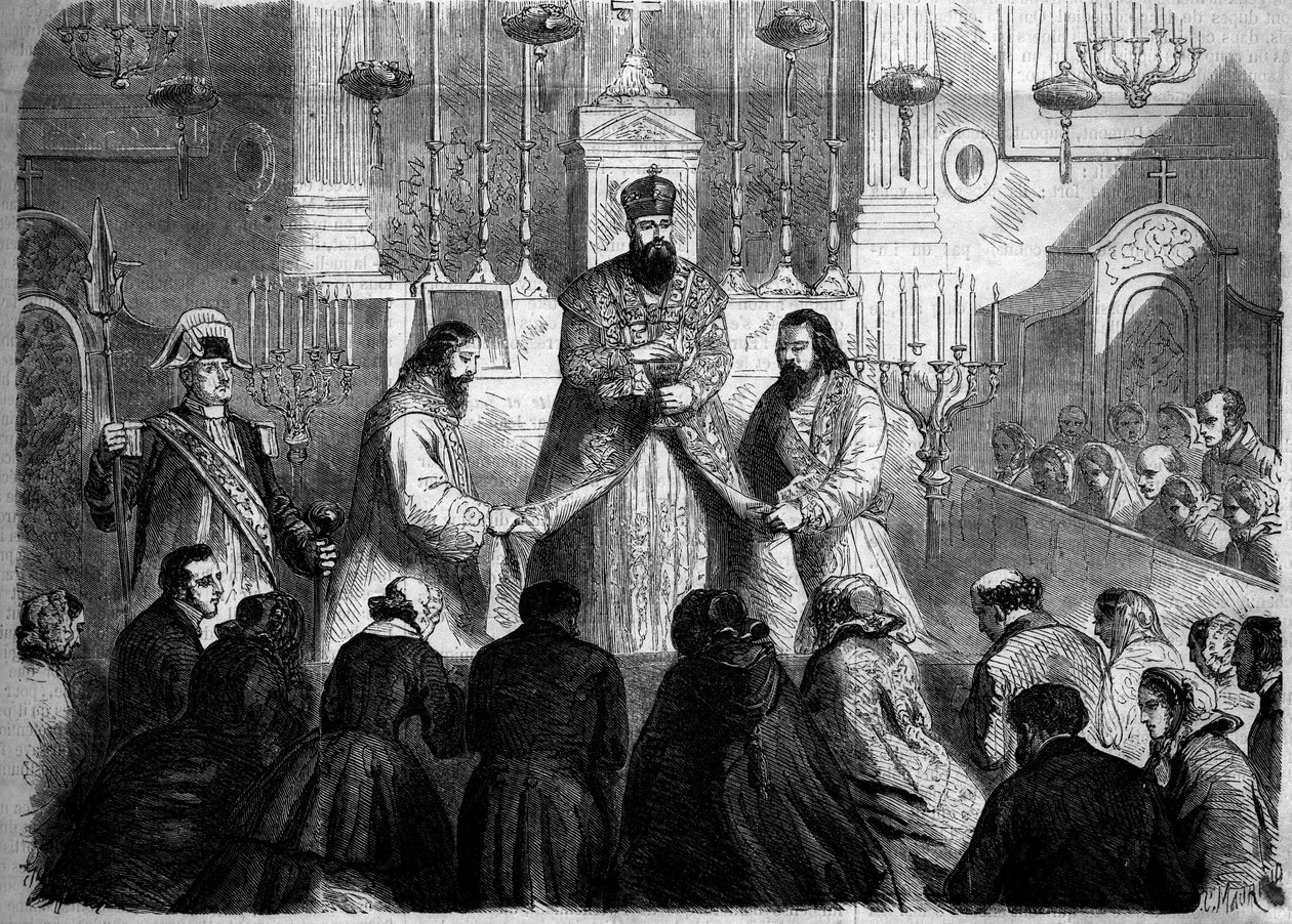 Rito cattolico - Messa - 26 gennaio 1860: Messa celebrata secondo il rito armeno dal superiore dei Mechitaristi nella chiesa di Notre Dame des Victoires, Parigi. Incisione in "Le Monde Illustré" n.147 del 4 febbraio 1860. da French School