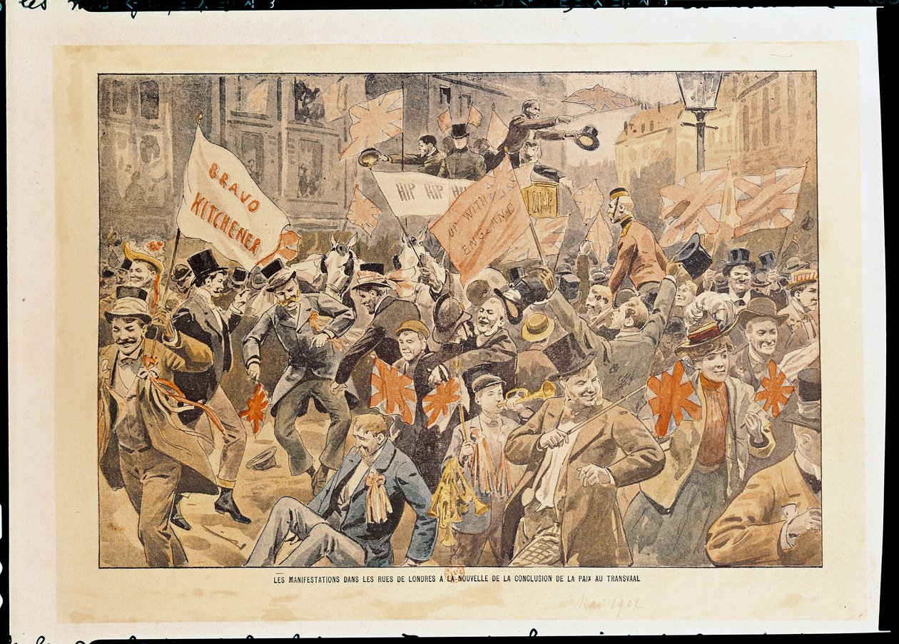 Celebrazioni nelle strade di Londra dopo la notizia della conclusione della pace nel Transvaal, maggio 1902 (stampa) da French School