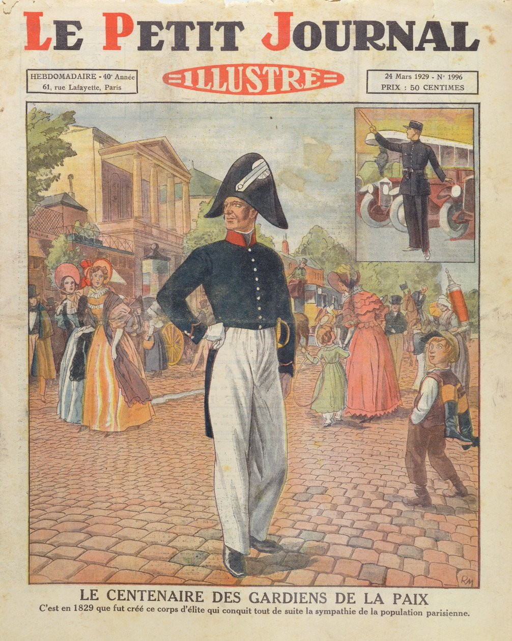 Centenario dei Gardiens de la Paix, illustrazione di copertina di Le Petit Journal, 24 marzo 1929 da French School