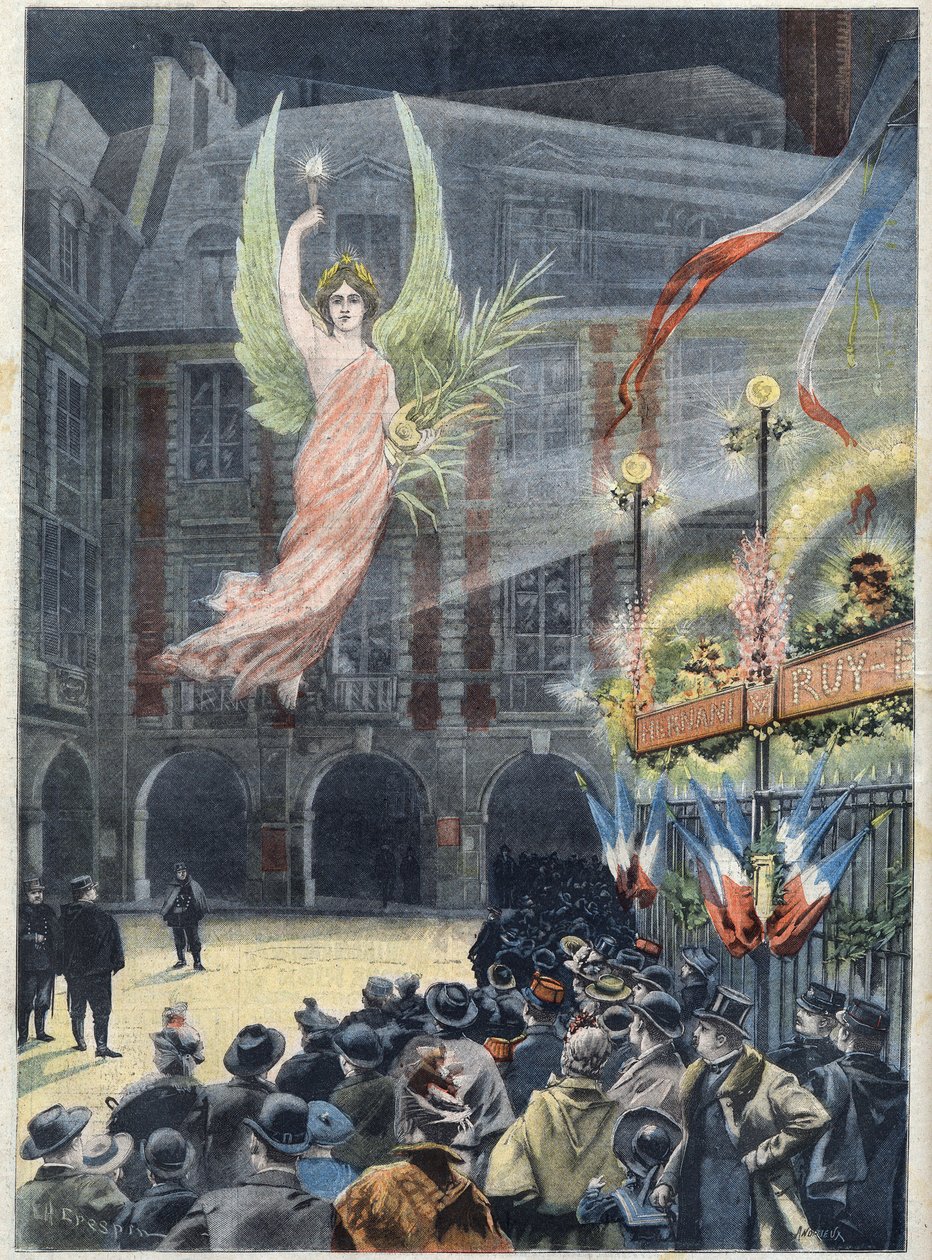 Celebrazione del centenario della nascita dello scrittore francese Victor Hugo (1802-1885): il genio della Renommee scende sulla casa del poeta, Place des Vosges a Parigi, in "Le Petit Parisien" da French School