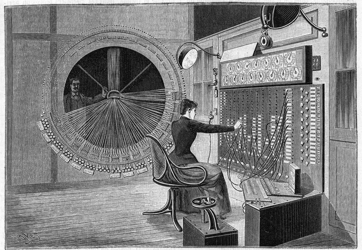 Ufficio centrale del Teatrografo (audizioni teatrali a casa) a Parigi nel 1892 da French School