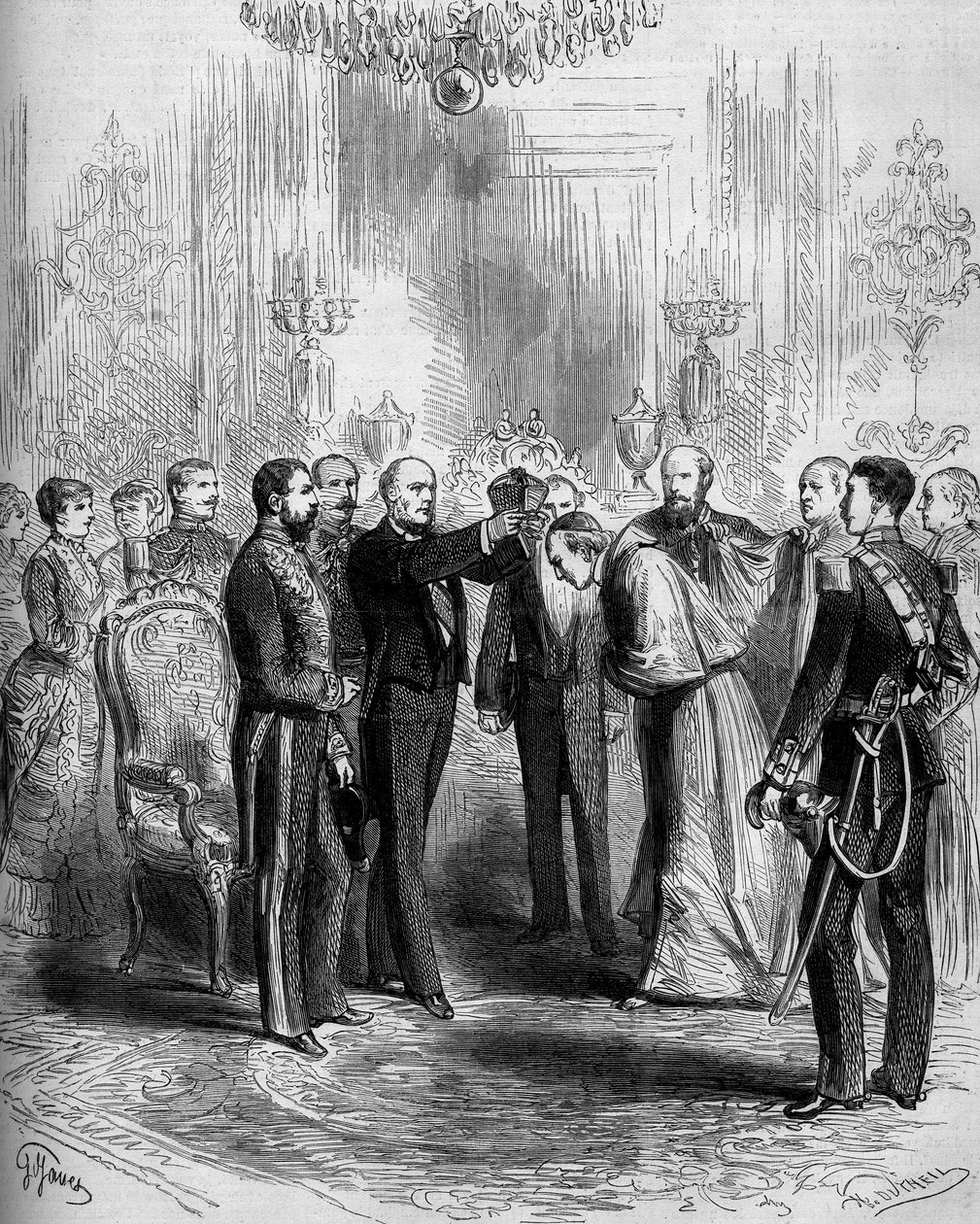 Cerimonia per la presentazione delle insegne cardinalizie: Pier Francesco Meglia (1810-1883) riceve il mantello rosso cardinalizio mentre Jules Grévy (1807-1891) gli pone sulla testa la berretta cardinalizia. Parigi, Palais de l