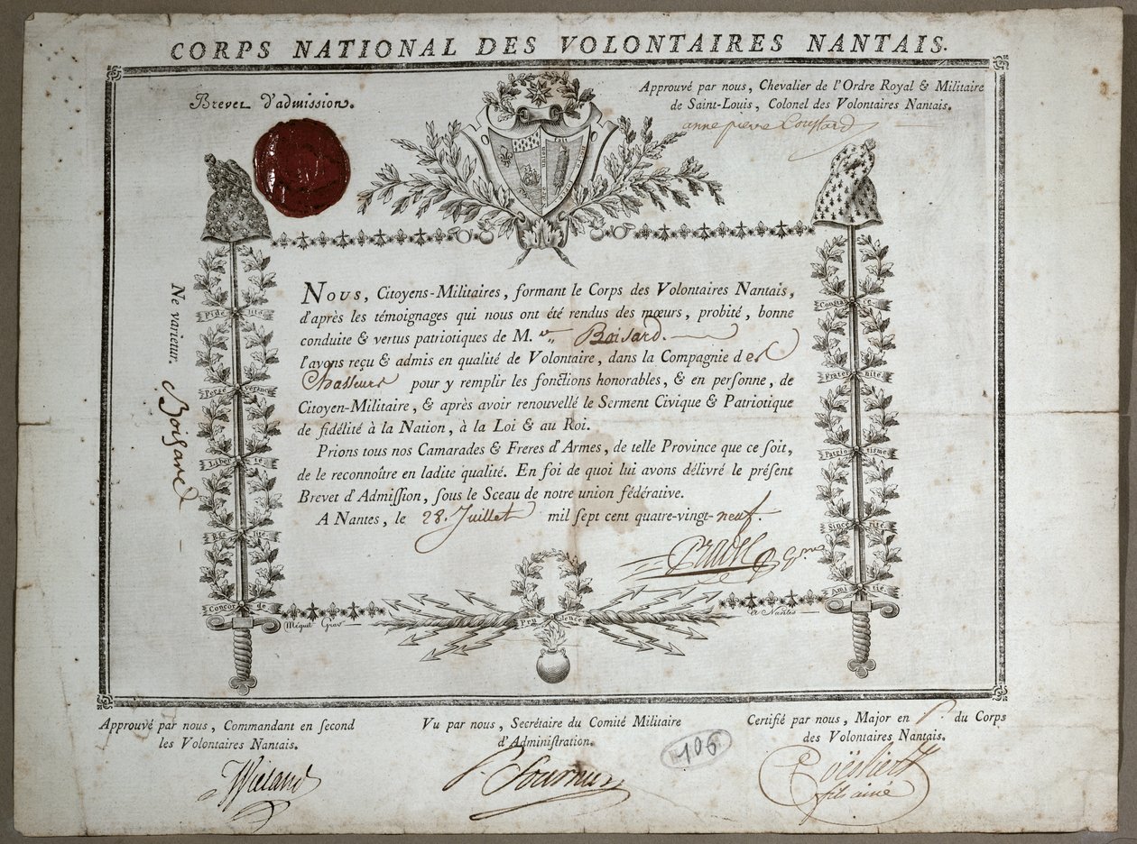 Certificato di ammissione alla Guardia Nazionale dei Volontari di Nantes, 1789 da French School