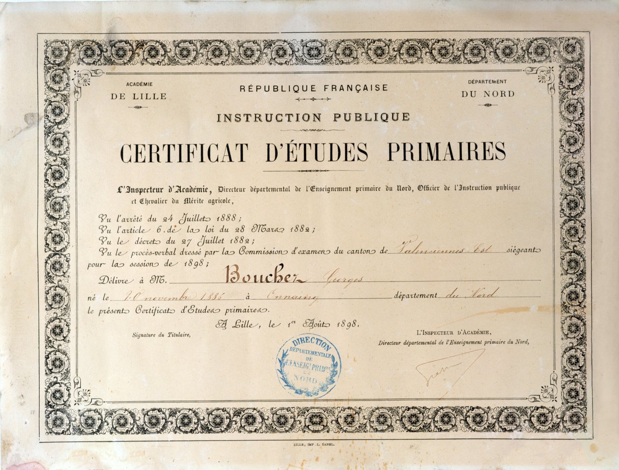 Certificato di istruzione primaria, Accademia di Lille, 1898 (inchiostro su carta) da French School
