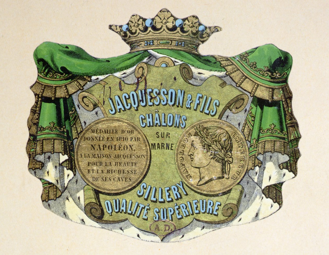 Etichetta di champagne per Jacquesson & Fils, Champagne Sillery Marque, metà del XIX secolo da French School
