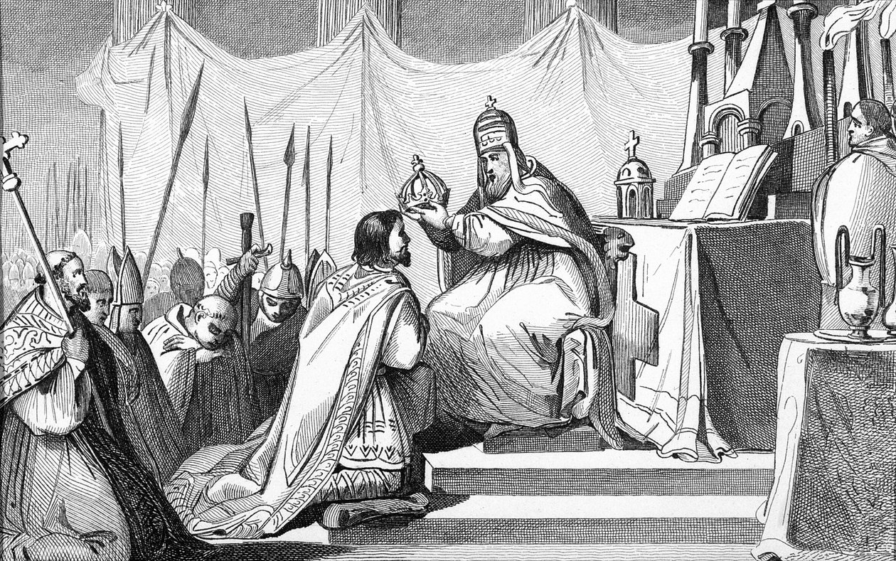 Carlo Magno (742-814) incoronato da Papa Leone III (c.750-816) a San Pietro a Roma il 25 dicembre 800, da 