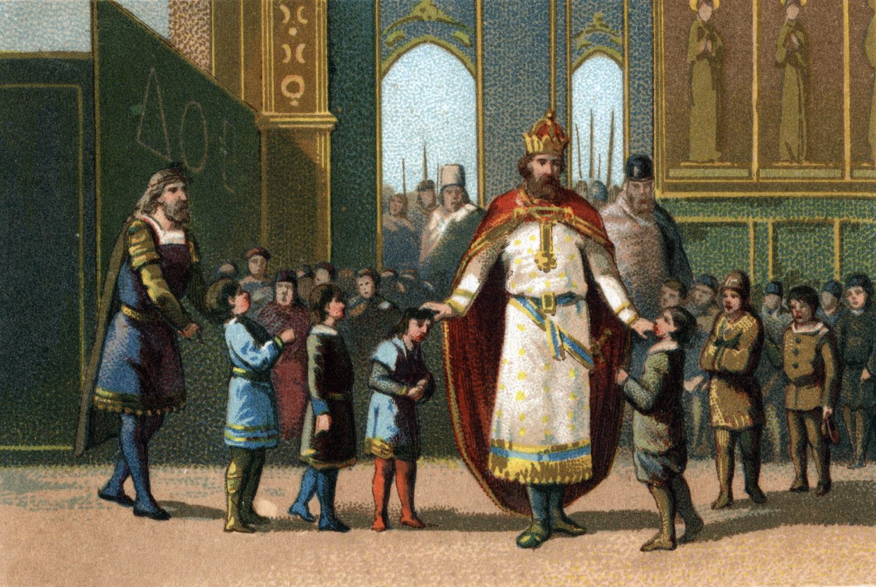 Carlo Magno, re di Francia dal 768 al 814, fondatore della scuola, supervisiona le lezioni. Cromolitografia intorno al 1890 da French School