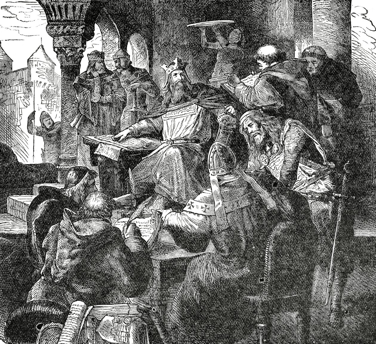 Carlo Magno con allievi e insegnanti della sua scuola palatina ad Aquisgrana, c.1890 da French School